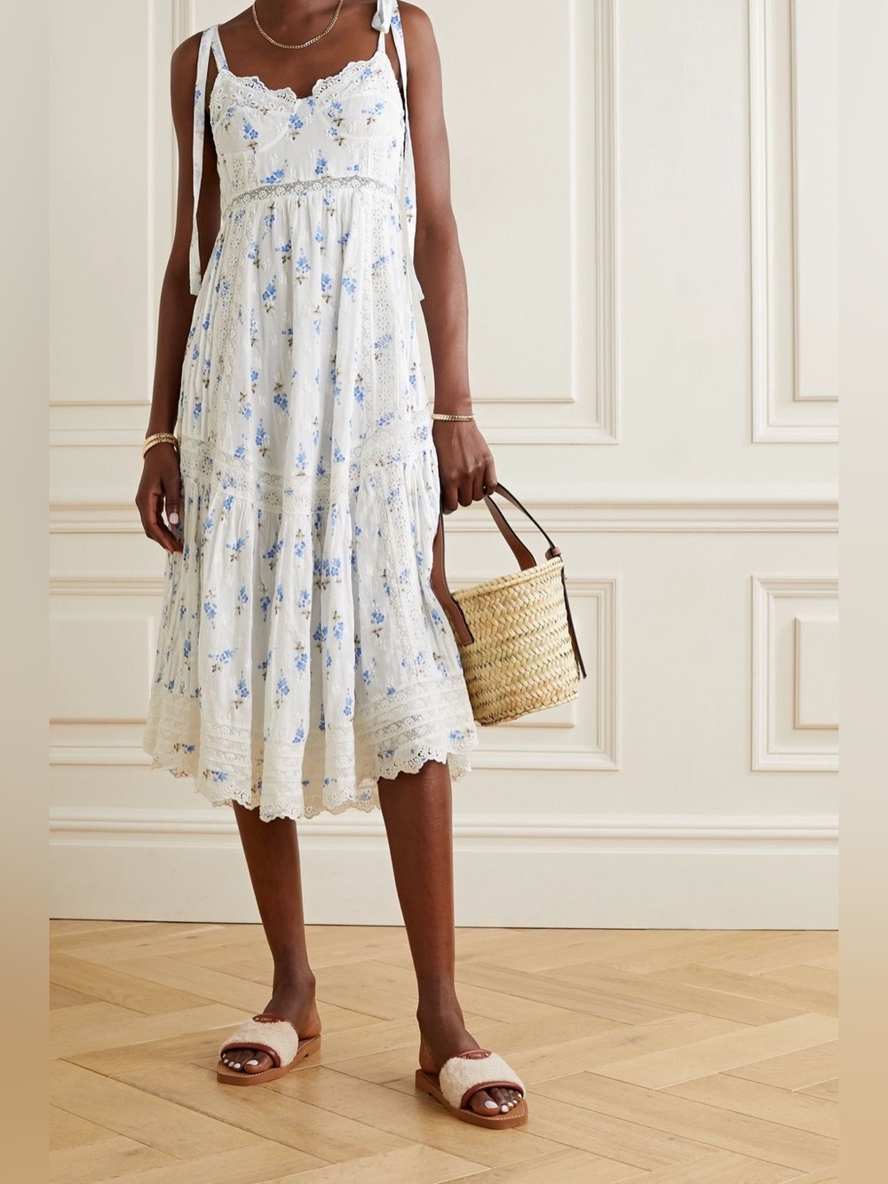 *RARE*LoveShackFancy White Antonella  Dress with Blue Florals & Crochet Trim